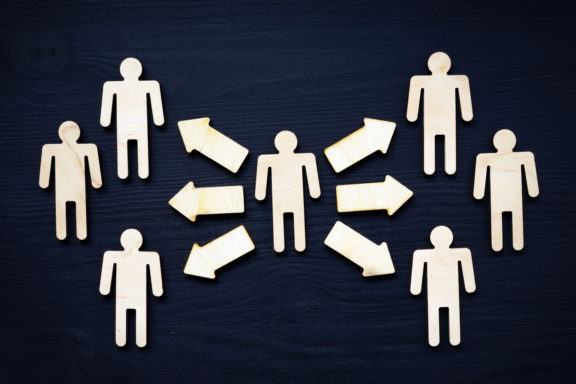 Figuras y flechas de madera. Resiliencia y Delegado en concepto de organización.